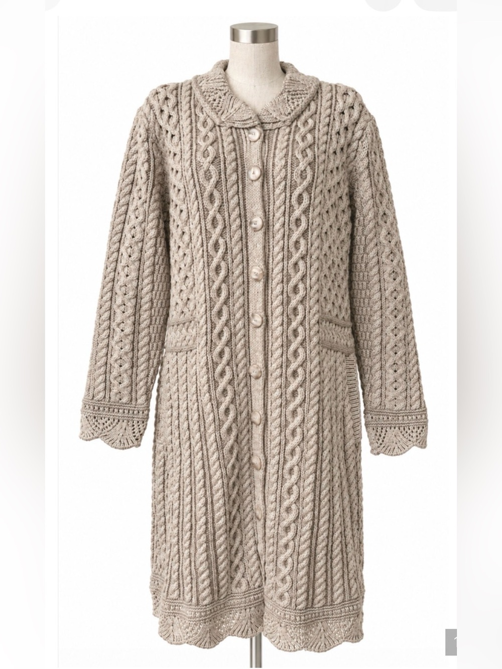 ARAN CRAFTS SANDSTONE SCALLOP MERINO WOOL PLATED LONG CARDIGAN SWEATER COAT XL